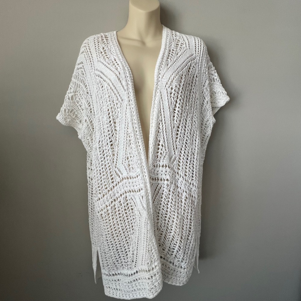 J Jill Crochet Open Knit cardigan sweater XS/S White Boho Coastal Resort Beachy